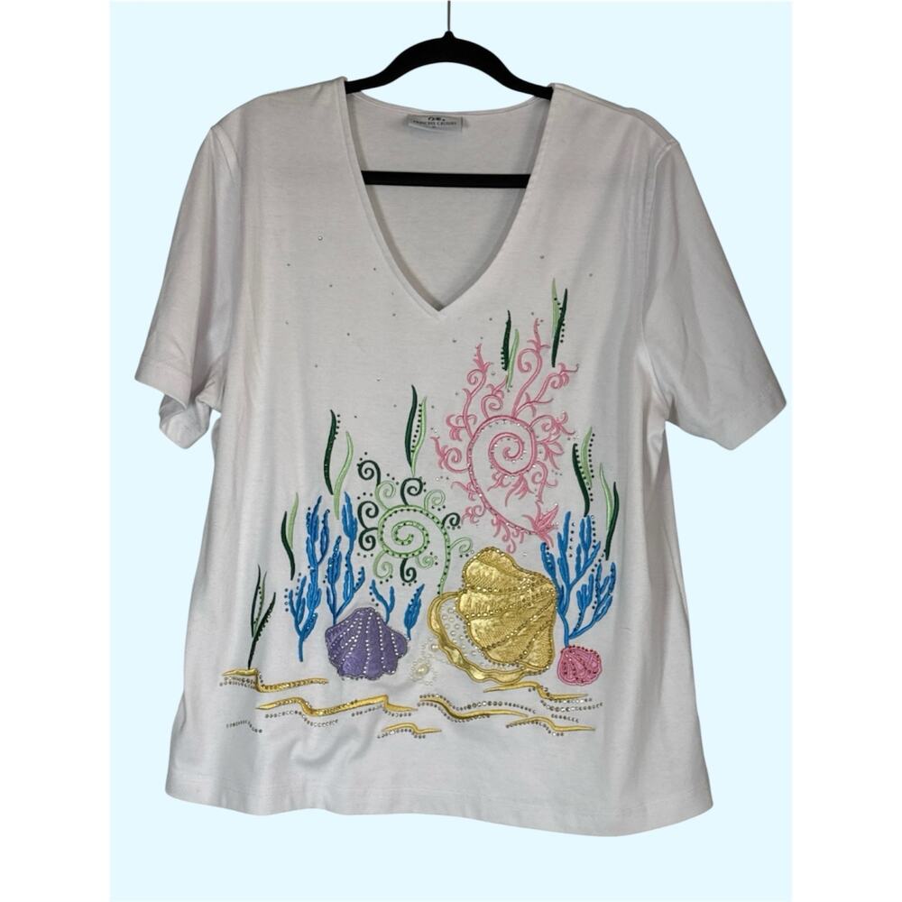 90s Colorful Seashell Embellished Top XL Ocean Sea Puffy Paint Handmade Look - Picture 1 of 10